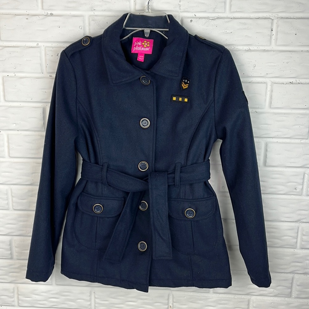 PINK PLATINUM MOTO MILITARY JACKET NAVY BLUE LINED GIRLS size 14/16